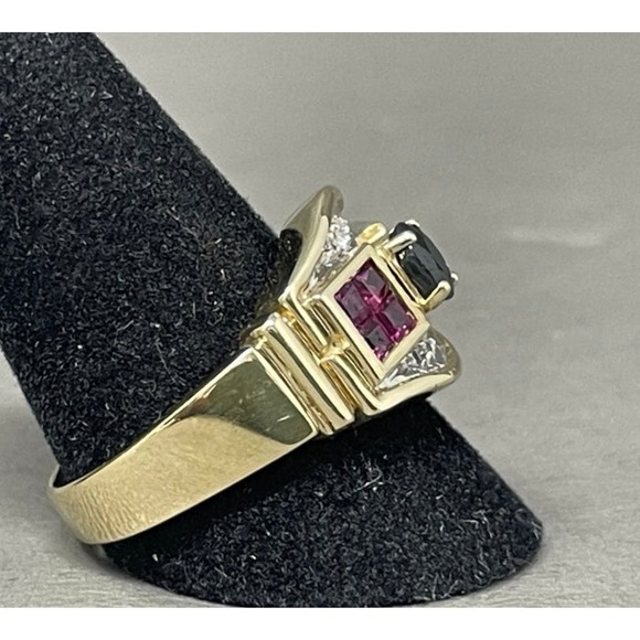 14K Solid Yellow Gold Sapphire, Ruby, Emerald and Diamond Ring - Picture 2 of 6